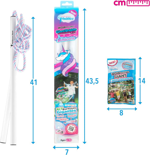 WOWMAZING Giant Bubble Kit: Unicorn - Includes Wand, 2 Big Bubble Concentrate Pouches, Outdoor Toy