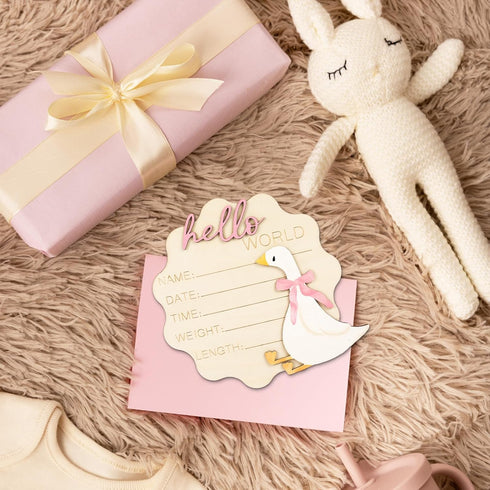 FYSUIMU Silly Goose Birth Announcement Sign Pink Bow Goose Newborn Milestone Wooden Board Hello World Newborn Sign