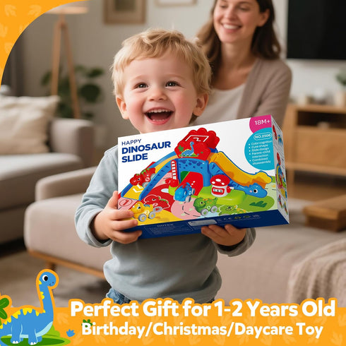 1 2 Set 4 12-18 1st 1-2, Toddler Toys for Year Old Boy Gifts - Educational Dinosaur Slide with Color/Number Push Cars
