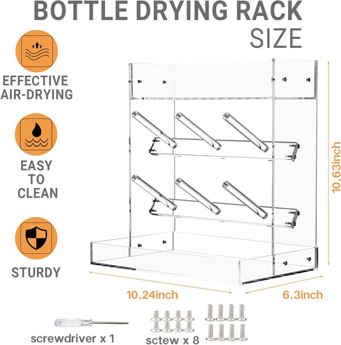 Heyrelda Countertop 10.3 6.3 10.6 Baby Bottle Drying Rack Space Saving Acrylic Vertical Bottle Dryer Rack with Drip