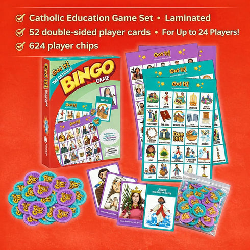 2-in-1 24 6+ Got It! The Catholic Bingo Game - Saints & Church Edition - Double-Sided Laminated Cards with Real Chips