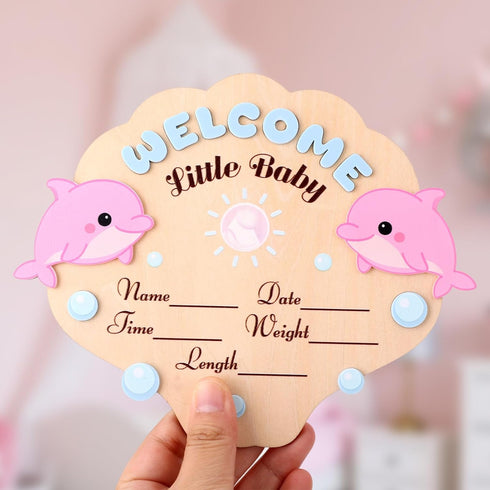 Penitue 7.2x5.91x0.12in/18.3x15x0.3cm Baby Announcement Sign, Cute Hello World Wooden Newborn Welcome Name Sign