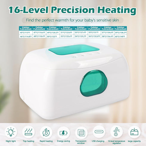 Ioubur 16-Level 45-60 Baby Wipe Warmer with Precision Heating, Portable USB-Powered Wet Wipe Warmer, Auto-Lift Spring