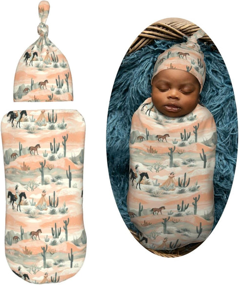 Sets Western Cowgirls and Desert Newborn Swaddle Blankets Hat Soft Baby Receiving Blanket Swaddle Sack for Baby Shower