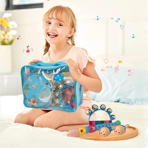Wooden Musical Instruments Set for Toddlers 1-3, Natural Wood Percussion Instruments Gift Set with Storage Bag
