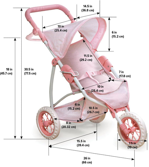 Badger Basket Toy Doll Folding Three Wheel Stroller for 22 inch Dolls - Pink/Gingham