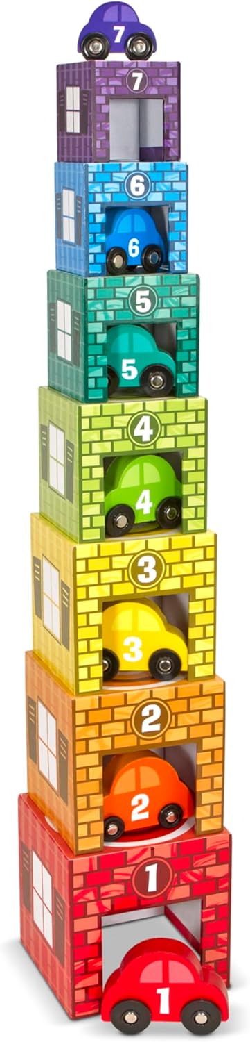 Melissa & Doug Nesting and Sorting Garages and Cars, 7 Graduated Garages and 7 Stackable Wooden Cars