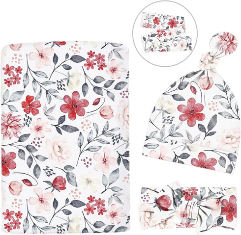 Newborn Swaddle Set with Matching Headband Hat and Bow Set Floral Baby Girl Newborn Receiving Blankets Baby Swaddle Nursery Wildflower Baby Blanket by MdouLy