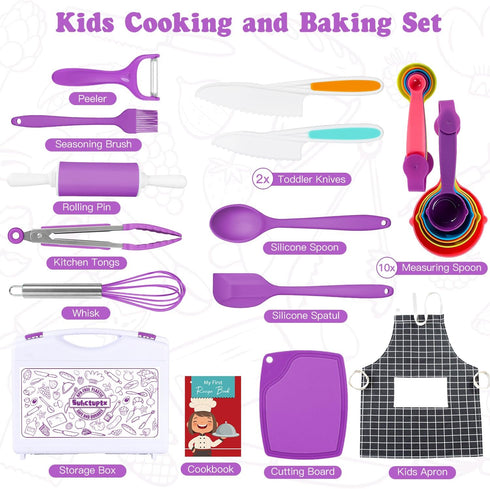 Sets Set Kids Cooking Real, Kids Cooking and Baking with Storage Case Kid Safe Knives Cutting Board Apron Cookbook