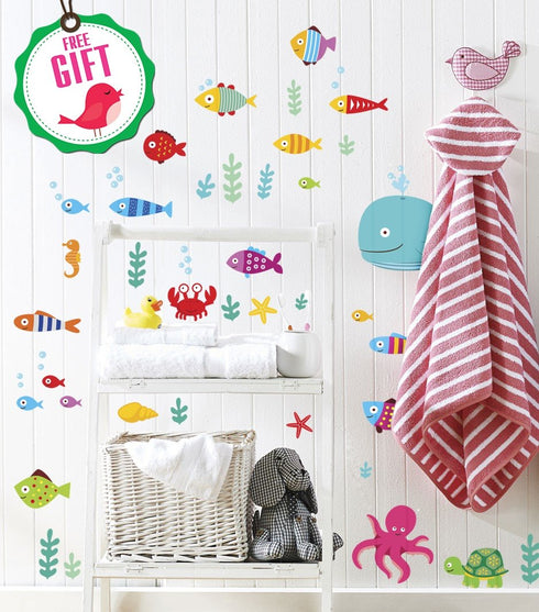 Ocean Fish Wall Decals, Sea Whale Turtle Tropical Creatures Bathroom Stickers, Cartoon Decorative Wall Decal for Kids