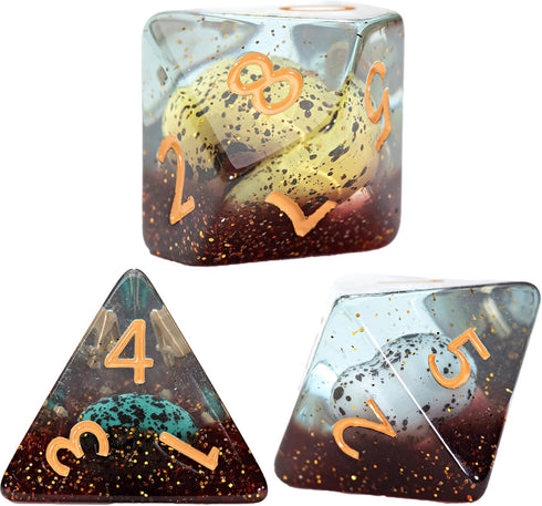 Gate Keeper Games and Dice: Inclusion Dice - 7pc RPG Set with Multi-Colored Dino Eggs & Brown Glitter