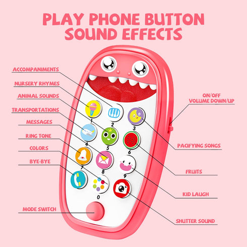 Baby Shark Cell Phone Toy with Removable Teether Case, Light, Music & Adjustable Volume for Kids 0-6 Months (Red)