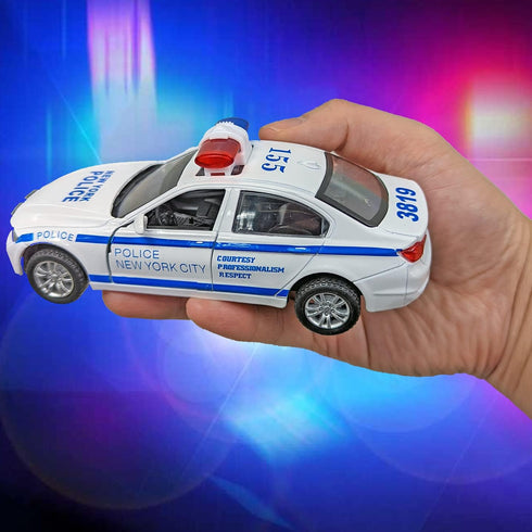 2 Pack Metal Diecast NY Police Cars - Pull Back Battery Powered with LED Headlights and Siren Sounds 1:32 Scale