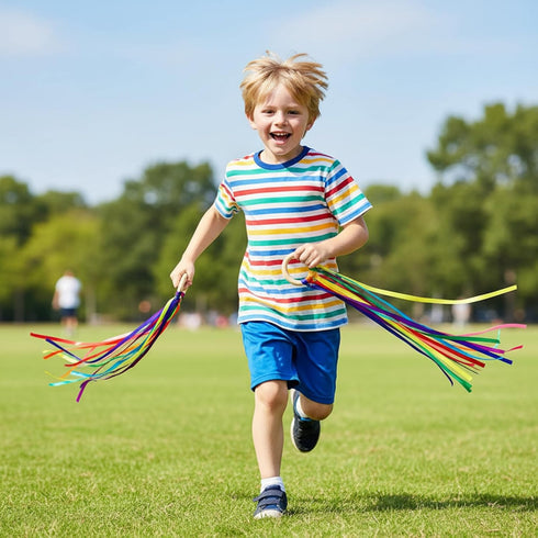 Gift(24 Junkin Ribbon Rings Hand Kite Waldorf Toys Dancing Wrist Ribbons Rainbow Streamers with Wood Ring Educational