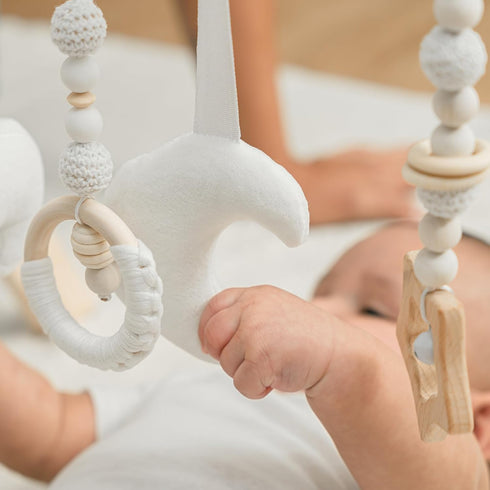 5 Comfy Cubs Wooden Baby Play Gym - Natural Finish Pinewood Baby Activity Gym with Sensory Hanging Toys - Easy No-Tool