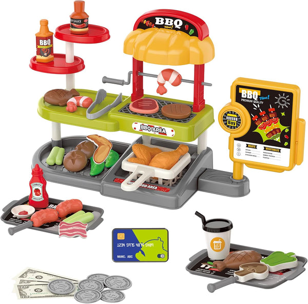 Kids BBQ Grill Play Set: Coffee, Card Reader, Cash Register, Play Food
