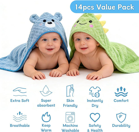 Jaseppor 14 Set, 4 10 PCS Baby Bath Towels PCS Animal Hooded Baby Towels & PCS Washcloths, Ultra Soft & Absorbent
