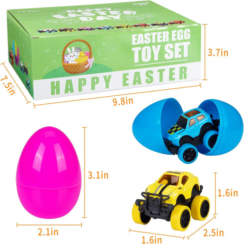 ThinkMax 12pcs Easter Eggs Prefilled with Pull Back Cars, with toys inside for Easter Eggs Hunt, Easter Basket