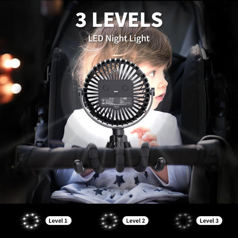AMACOOL Battery Operated Stroller Fan, Flexible Tripod Clip On with 3 Speeds, Rotatable Handheld (Black)