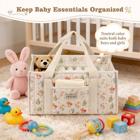 SEISSO Diaper Caddy Organizer with Handle, Portable Baby Gift Basket, Floral Diaper Organizer Nursery Storage Bag