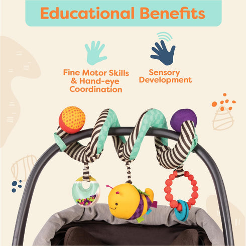 B. toys Wiggle Wrap Baby Toy, Spiral with 3 Hanging Toys for Car Seat, Stroller, Crib - Rattle, Plush Bee & Teether