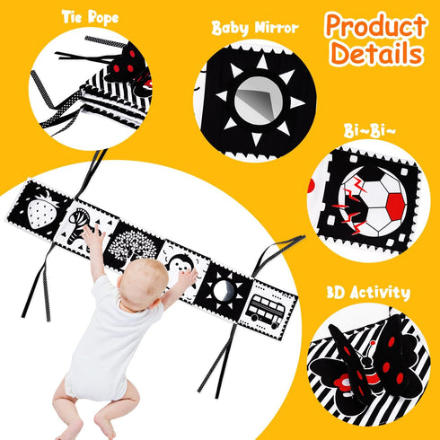 4 PCS High Contrast Black and White Baby Toys - Montessori Crinkle Sensory Book, Tummy Time Mirror, Rattle Gift