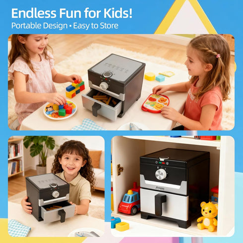 Joyano 15-PCs Fryer/18-PCs Playset Wooden Air Pressure Cooker for Kids Pretend Cooking Toy with Food Accessories