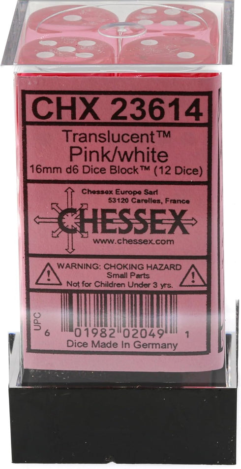 Chessex Polyhedral Translucent 12-Die Set, 16mm 6D Pink/White Dice for Dungeons and Dragons, Role Playing Games, MTG,