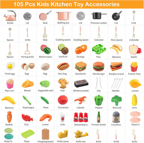 105Pcs Kids Kitchen Toy Accessories - Toddler Pretend BBQ Camping Cooking Playset, Play Food Set