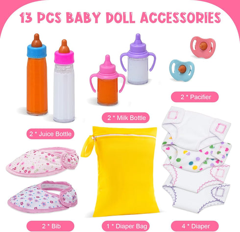 13 Pack Baby Doll Accessories, Feeding & Caring Set with Diaper Bag, Bottles, Pacifiers & Diapers