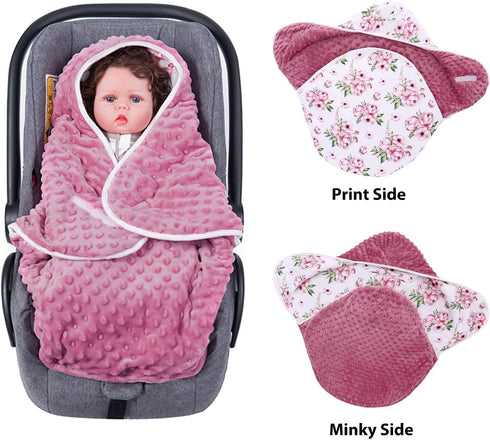 Miracle Baby Car Seat Covers, 100% Cotton Winter Minky Baby Swaddle Blanket for Boys Girls Newborn Baby Swaddle Wrap Soft Thick Baby Swaddling Blanket for Baby Seat 0-6 Months (Pink Flowers) by Miracle Baby