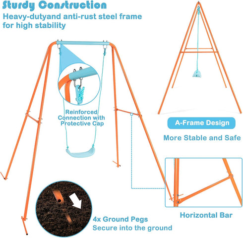 Set, 4 Sets HONEY JOY Metal Swing Frame Heavy Duty A-Frame Toddler Swing Stand with Belt Swing, Ground Stakes, Outdoor