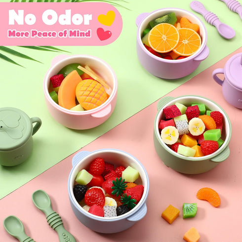 4 Sets Domensi Kids Porcelain Bowls with Suction Sleeves Toddler Suction Bowl Upgrade Durable Microwave Dishwasher Safe