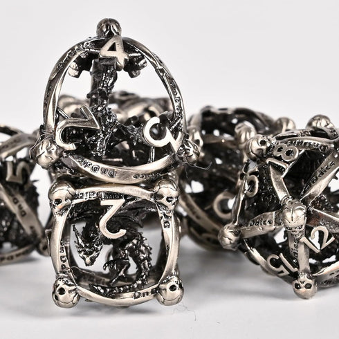 UBEUCK 7PCS Skull and Dragon Metal DND Dice Set for Dungeons & Dragons, Multi-Faceted RPG (Antique Nickel)