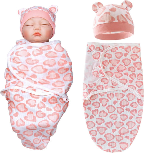 Reborn Baby Dolls Clothes - Pink Heart Swaddle Blanket & Hat Set for 17-22 Inch Dolls