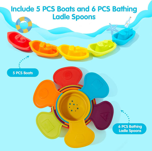 Bath Toys Rainbow Floating Boats with Bathing Spoon, 11 Pcs Water Table Toys Baby Bath Toys for Toddlers 1-3/Infants 6-12-18 Months Bathtub Toys Shower Toys, Pool toys, Beach toys