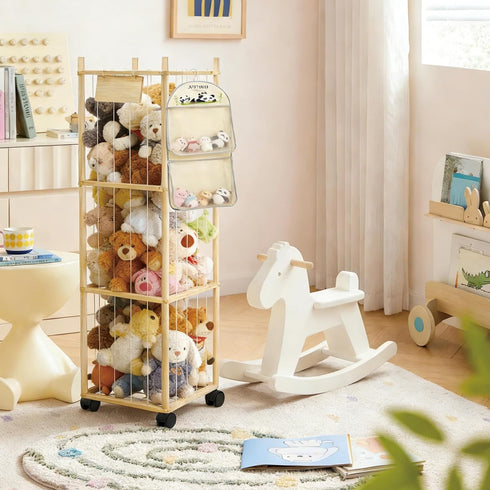 Thick&Thin Stuffed Animal Storage & Organizer, Wooden Zoo Toy Holder with Net, Large Plushies Storage with Wheels