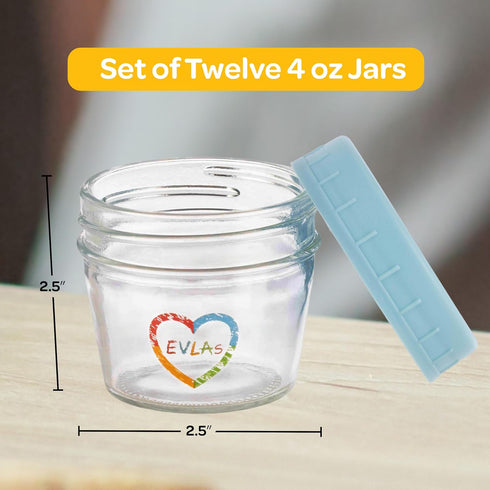 12-Pack 4 oz EVLA'S Baby Food Containers - Glass Jars with Lids - BPA-Free, Microwave, Freezer, and Dishwasher Safe