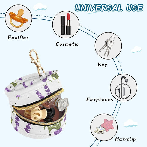 YETTASBIN Lavender Portable Pacifier Holder Case with Metal Hook Buckle & Zipper for Diaper Bag and Stroller, Versatile