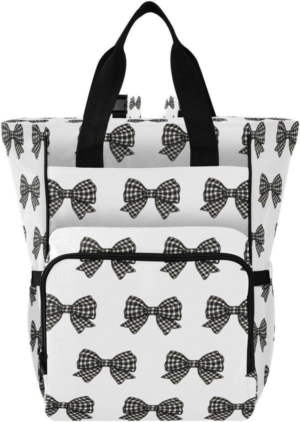 YANENDIE Buffalo Plaid Bows Black White Diaper Bag Backpack, Unisex Travel Baby Backpack
