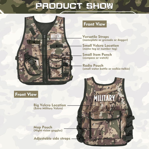 17 PCS Kids Army Costume - Military Soldier Dress Up Role Play Set with Camouflage Vest and Accessories