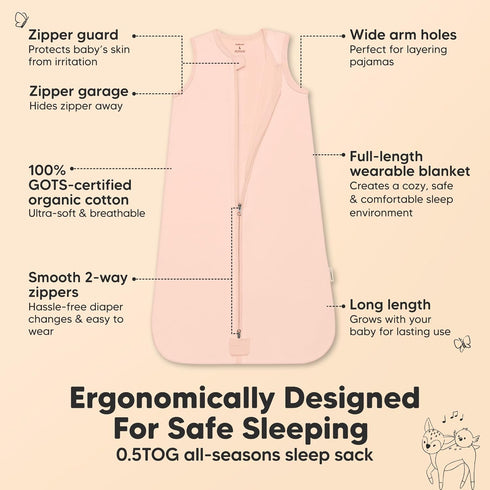 2-Pack 0.5TOG Cozy 12-24 Baby Sleep Sacks,Zipper Wearable Blanket - Organic Cotton,Lightweight,Soft Toddler Sleeping
