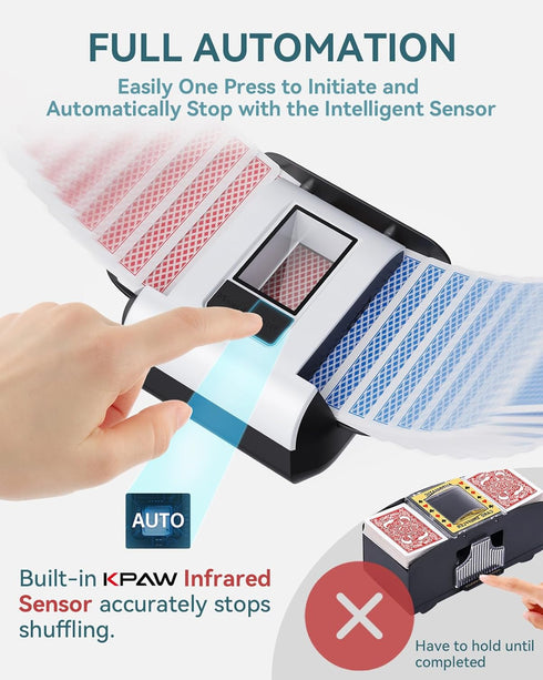 1-2 KPAW Automatic Card Shuffler - One-Press AUTO & Manual Mode, Electric Shuffling Machine for Decks, Low Noise