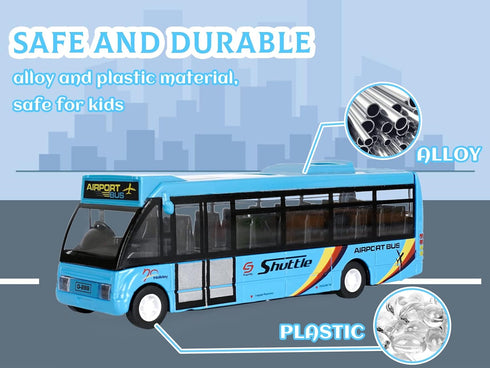 City Bus Toys Cars, Die-Cast Metal Airport Cars for Boys 3-8 Years Old, Pull Back Blue Play Vehicle with Sound
