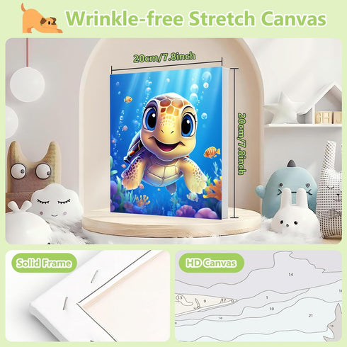 6-8-12, (8X8inch) Reivworl Paint by Numbers Kit for Kids with Frame and Easel, Sea Turtles Paint by Number for Kids Age