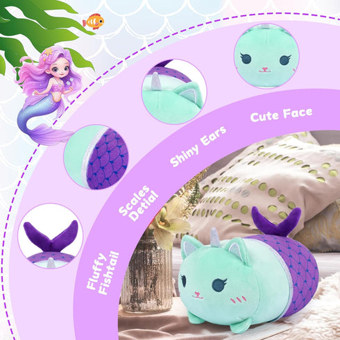 Mermaid Cat 8 Inch Plush, Cute Cartoon Cat Stuffed Animal, Kawaii Pillow for Kids