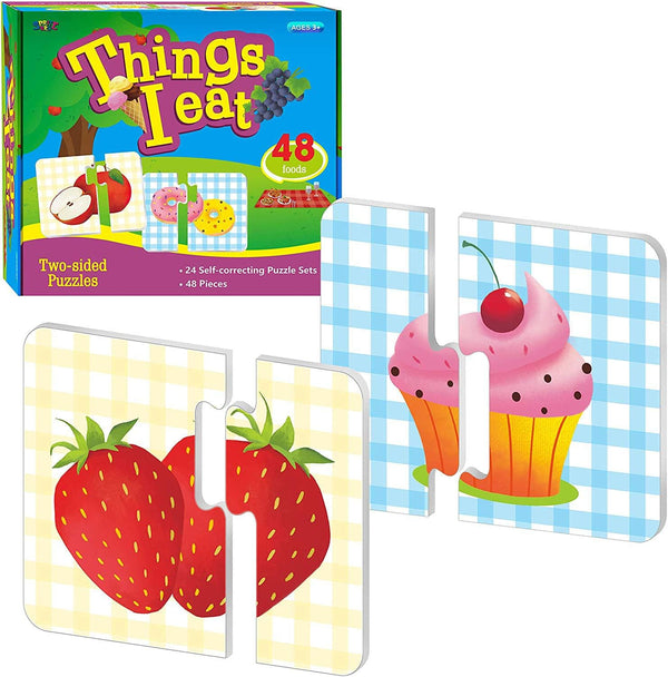 48 Food Matching Puzzles - Pre-Primer in 2 Pieces, Perfect for Preschool Learning (24 Blocks Double Sided)