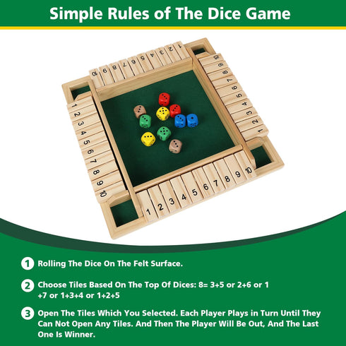 Shut The Box Dice Game - 12 inch Traditional Wooden Math Board Game with 8 Dice, 10 Numbers for 1-4 Players, Kids &