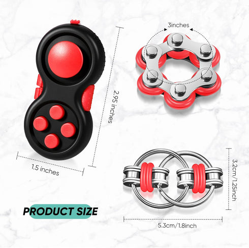 3 Pieces Handheld Mini Sensory Fidget Toy Set Includes Six Roller Chain and Key Flippy Chain Bike Chain Fidget Handheld Fidget Pad Stress Relief Toys for Adults Teens Relieve Stress(Black and Red)