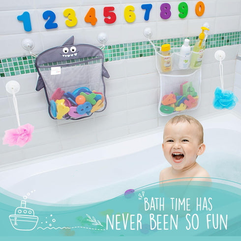 Comfylife Baby Bath Toy Organizer - Shark + 36 Bath Letters & Numbers + Extra Bath Toy Storage Net & 10 Strong Hooks